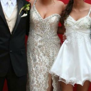 Tan and white lace formal dress